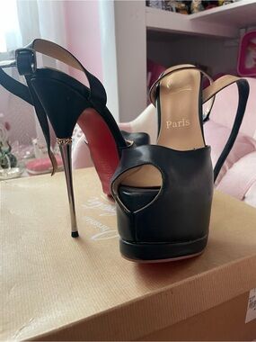 Barneys New York Black Platform Peep-Toe Stiletto Heels with Red Sole